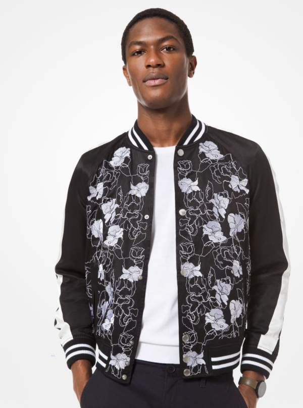 Panske Bundy Michael Kors Floral Embroidered Satin Varsity Čierne - Oblecenie Michael Kors Akcia | VYGSX-6720